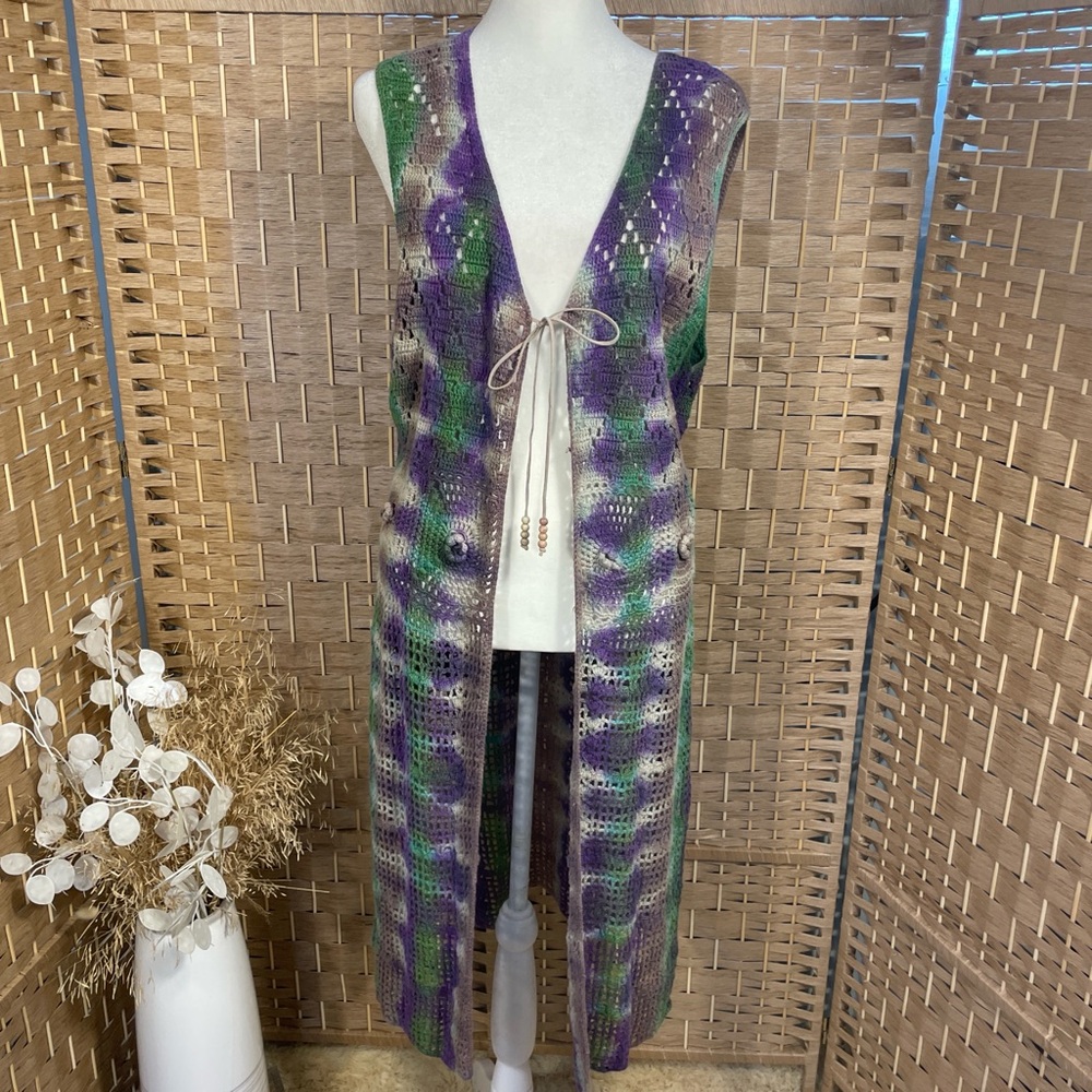 Long Crochet Vest in Purple, Green & Cream